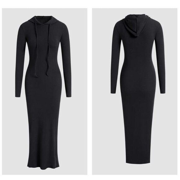 Commense NWT Women Black Drop Shoulder Drawstring Hooded Dress Loungewear Chic - Picture 5 of 12